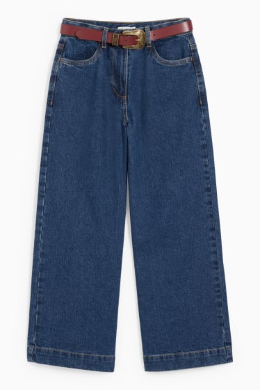Children - Wide leg jeans with belt - blue denim