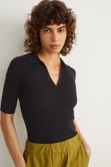 Kobiety - Dzianinowa koszulka polo basic - czarny