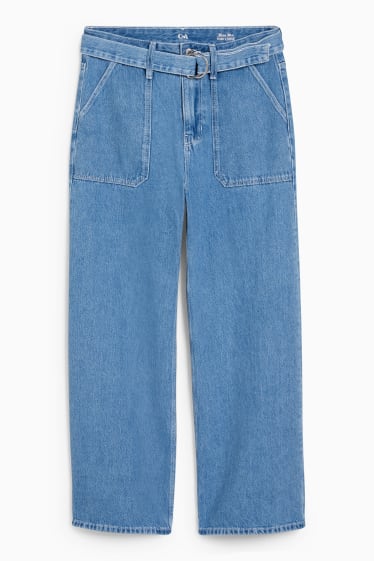 Damen - Wide Leg Jeans mit Gürtel - High Waist - helljeansblau