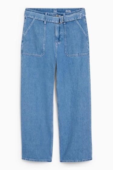 Women - Wide leg jeans with belt - high waist - denim-light blue