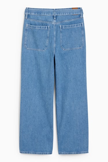 Women - Wide leg jeans with belt - high waist - denim-light blue