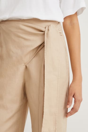 Dámské - Plátěné kalhoty - high waist - wide leg - světle béžová