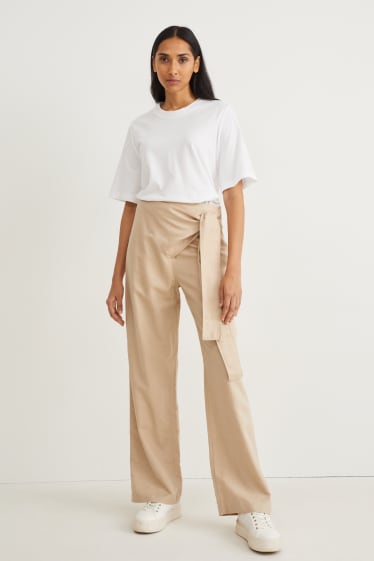 Women - Cloth trousers - high waist - wide leg - light beige