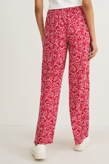Dámské - Plátěné kalhoty - mid waist - wide leg - se vzorem - červená