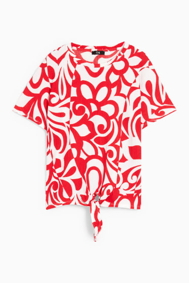 Women - T-shirt with knot detail - red / cremewhite