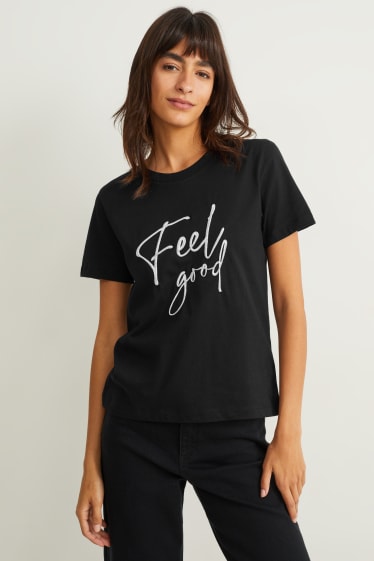 Kobiety - T-shirt z aplikacją z łańcuszkami - czarny