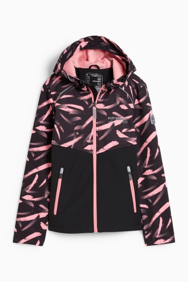 Dětské - Softshellová bunda s kapucí - z vodotěsného materiálu - se vzorem - černá/růžová