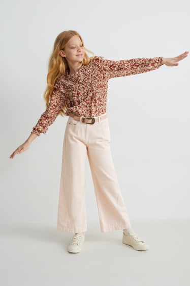 Kinderen - Wide leg jeans met riem - roze