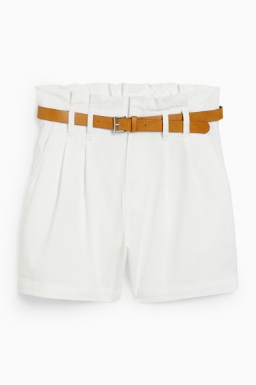 Women - Shorts with belt - high waist - white