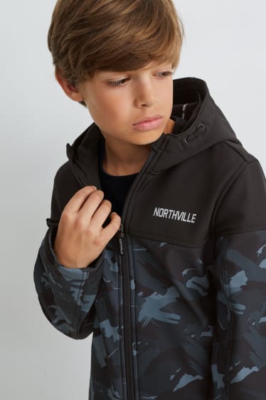 Enfants garçons - Veste softshell à capuche - à motif - noir