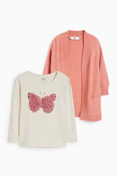 Kinderen: meisjes - Set - gebreid vest en longsleeve - 2-delig - roze
