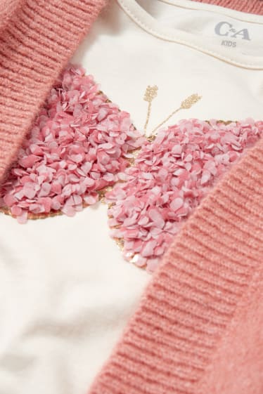 Kinderen: meisjes - Set - gebreid vest en longsleeve - 2-delig - roze