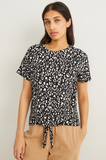 Women - T-shirt with knot detail - patterned - black