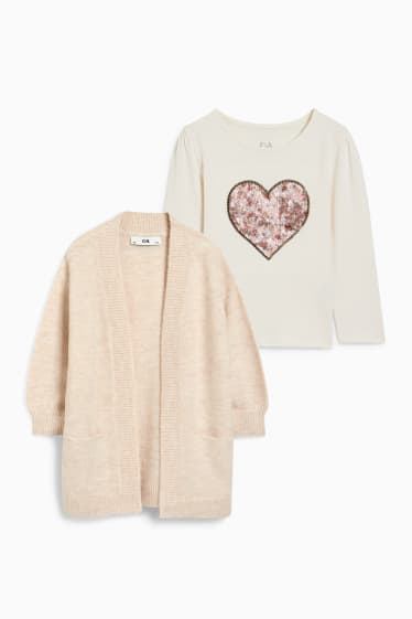 Kinderen: meisjes - Set - gebreid vest en longsleeve - 2-delig - licht beige
