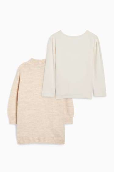 Kinderen: meisjes - Set - gebreid vest en longsleeve - 2-delig - licht beige
