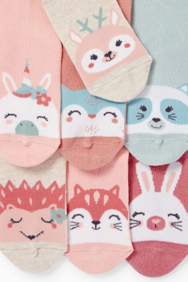 Kinderen: meisjes - Set van 7 paar - dieren - sokken met motief - fuchsiarood