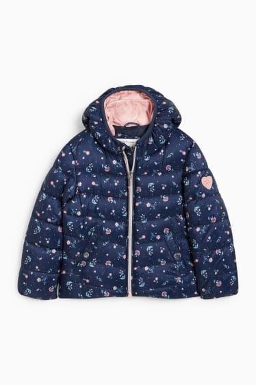 Kinder Mädchen - Steppjacke mit Kapuze - wasserabweisend - geblümt - dunkelblau