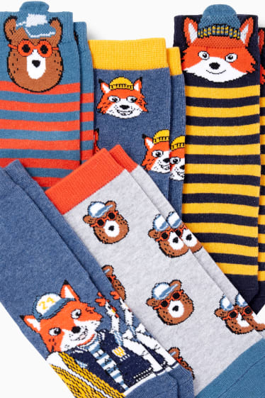 Enfants - Lot de 5 paires - animaux de la forêt - chaussettes à motif - bleu foncé