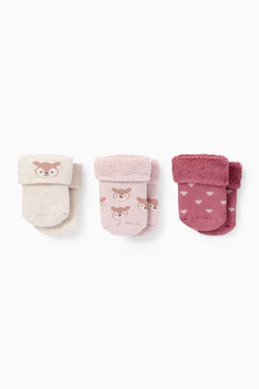 Baby: meisjes - Set van 3 paar - vos - newbornsokken met motief - donker rose