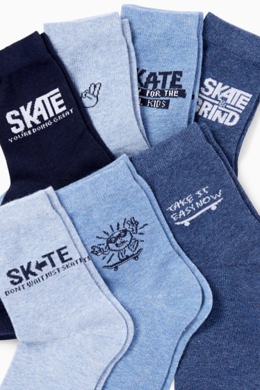 Enfants - Lot de 7 paires - skaters - chaussettes à motif - bleu foncé