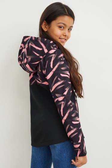 Dětské - Softshellová bunda s kapucí - z vodotěsného materiálu - se vzorem - černá/růžová