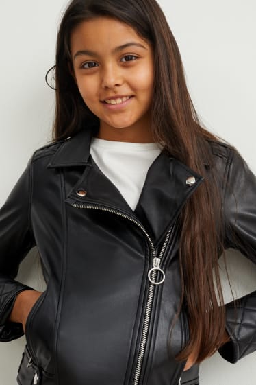Kinder Mädchen - Bikerjacke - Lederimitat - schwarz