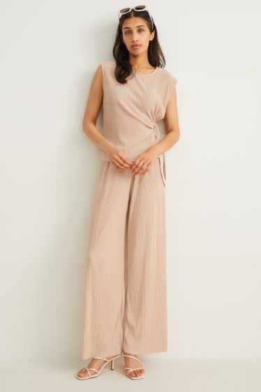 Donna - Pantaloni plissettati - vita alta - palazzo - beige chiaro
