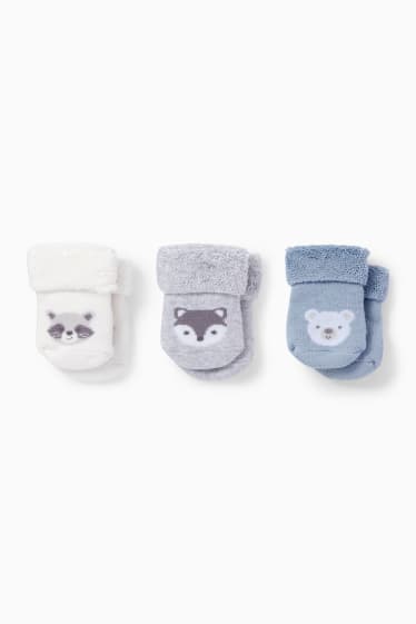 Babies - Multipack of 3 - woodland animals - newborn socks with motif - blue / creme