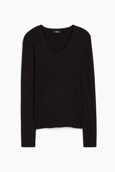 Femmes - Pullover basique à col V - matière côtelée - noir