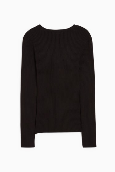 Femmes - Pullover basique à col V - matière côtelée - noir