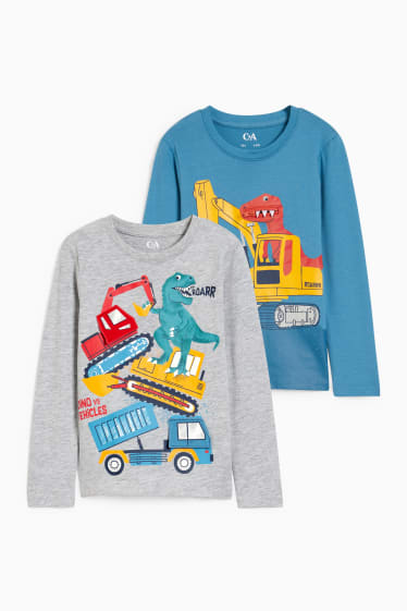 Enfants garçons - Lot de 2 - tractopelles et dinosaures - hauts à manches longues - bleu