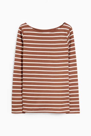 Women - Basic long sleeve top - striped - brown