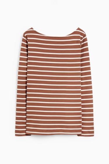 Women - Basic long sleeve top - striped - brown