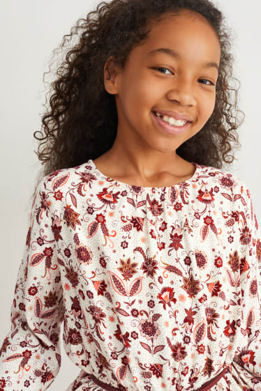 Enfants filles - Robe avec ceinture - à motif - blanc crème