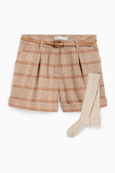 Enfants filles - Ensemble - short avec ceinture et collants - 3 pièces - marron clair