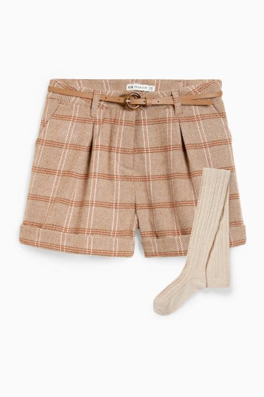 Kinder - Set - Shorts mit Gürtel und Strumpfhose - 3 teilig - hellbraun