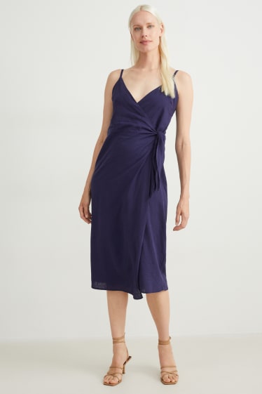 Femmes - Robe croisée - lin mélangé - bleu foncé