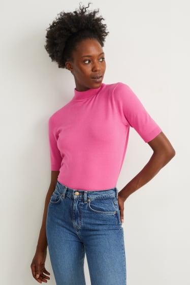 Damen - Strickpullover - kurzarm - dunkelrosa