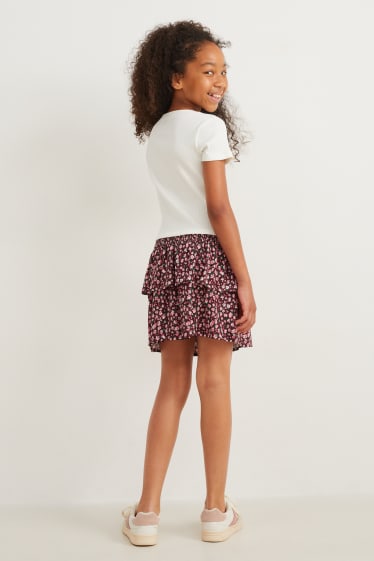 Kinderen: meisjes - Set - rok en T-shirt - 2-delig - gebloemd - donkerrood