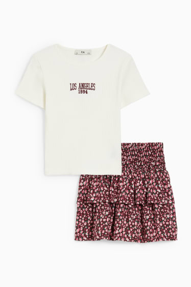Niños - Conjunto - falda y camiseta de manga corta - 2 piezas - de flores - rojo oscuro