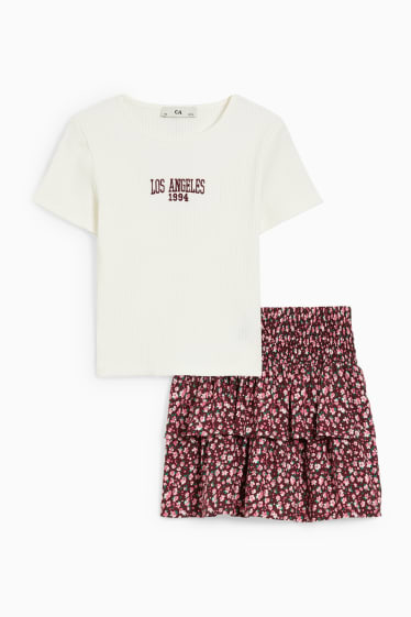 Kinderen: meisjes - Set - rok en T-shirt - 2-delig - gebloemd - donkerrood