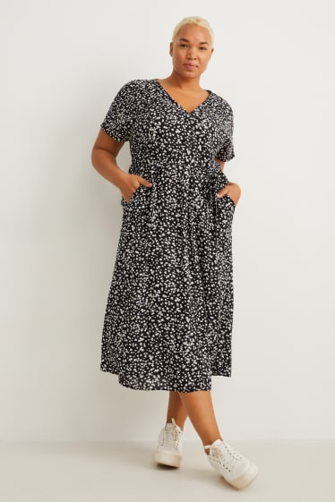 Damen - Kleid mit V-Ausschnitt - geblümt - schwarz