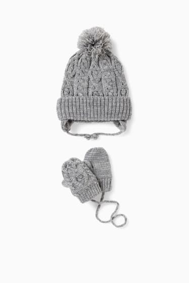 Niemowlęta - Zestaw - czapka niemowlęca i rękawiczki - 2 części - szary-melanż