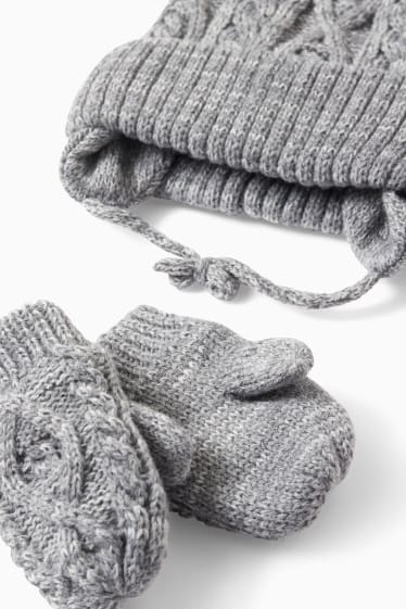 Bébés - Ensemble - bonnet et moufles pour bébé - 2 pièces - gris chiné