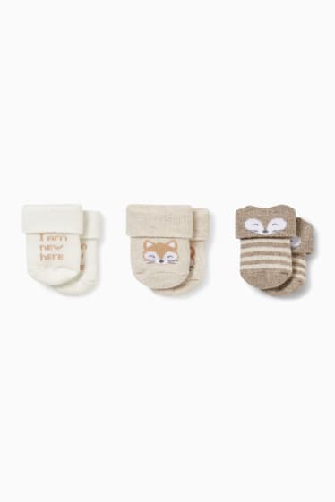 Babys - Set van 3 paar - dieren - newbornsokken met motief - beige-mix