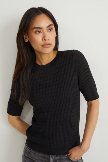 Damen - Strickpullover - kurzarm - Zopfmuster - schwarz