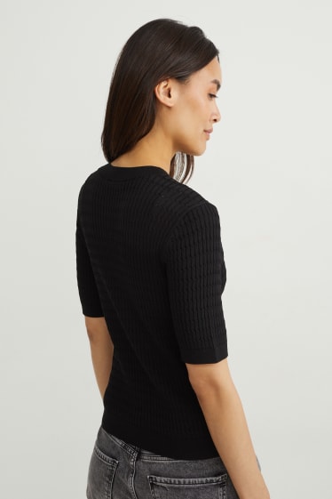 Damen - Strickpullover - kurzarm - Zopfmuster - schwarz
