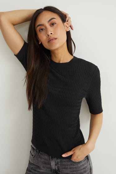 Damen - Strickpullover - kurzarm - Zopfmuster - schwarz