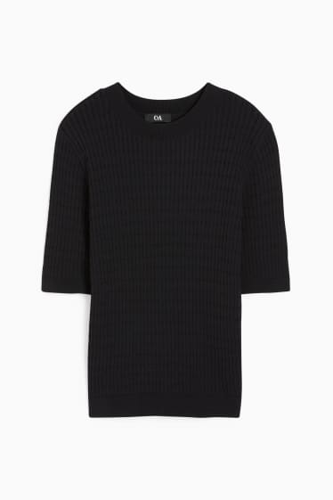 Damen - Strickpullover - kurzarm - Zopfmuster - schwarz