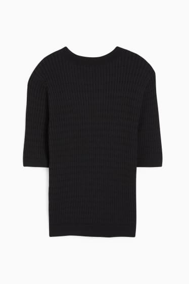 Damen - Strickpullover - kurzarm - Zopfmuster - schwarz